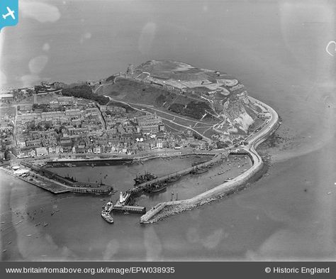 EPW038935 ENGLAND (1932). Scarborough Castle and Harbour, Scarborough, 1932 | Britain From Above Scarborough Castle, National Grid, North East England, Place Names, North East, Old Pictures, Lighthouse, Castle, England