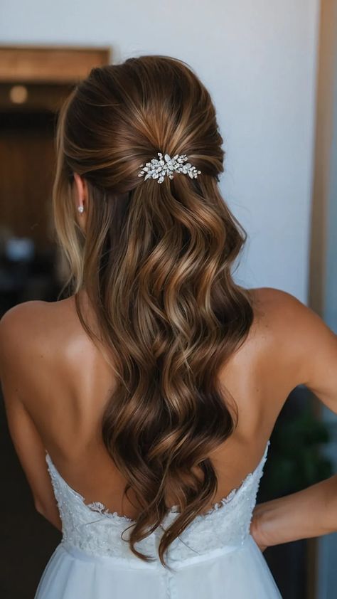 Chic and Stylish: 15 Bridesmaid Hair Inspo Ideas You’ll Love - Fads Wedding Hair Inspiration Brunette, Brunette Hair Styles Wedding, Wedding Hair Mostly Down, Wedding Hairstyles For Long Hair Dark, Messy Hairstyles For Long Hair Wedding, Half Up Half Down Bridesmaid Hair Brunette, Bridal Half Up Do, Bridal Half Up Half Down Hair Brunette, Bridesmaid Hair Inspo Long Hair