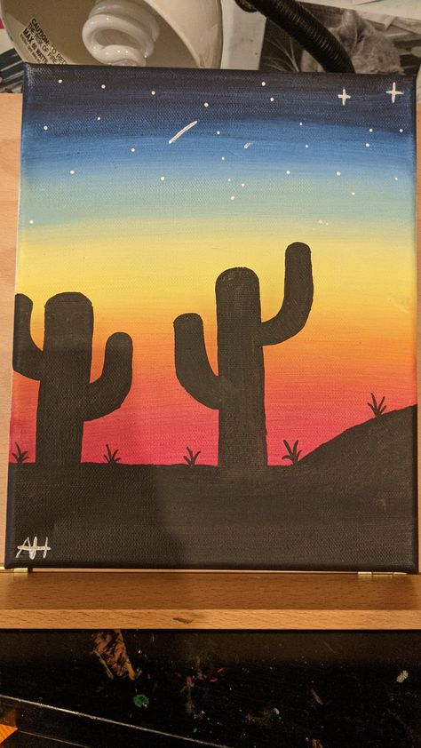 Arizona Painting Easy, Western Things To Paint, Western Painting Canvas, Kids Paint Night, Acrylic Painting For Kids, Cactus Silhouette, Western Landscape, Cactus Painting, Western Paintings