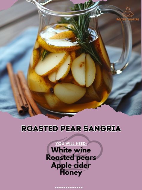 🍐🍷 Roasted Pear Sangria—A delicious twist on classic sangria with roasted pear goodness. Perfect for any autumn gathering! 🍂🍾 #RoastedPearSangria #AutumnSangria Roasted Pear Sangria Ingredients: White wine (1 bottle) Roasted pears (2, sliced) Apple cider (1 cup) Honey (2 tbsp) Fresh rosemary sprigs (2) Cinnamon sticks (2) Club soda (1/2 cup) Instructions: Roast pear slices at 375°F for 15-20 minutes until caramelized. Combine white wine, roasted pears, apple cider, honey, and rosemary in ... Classic Sangria, Pear Sangria, Autumn Gathering, Roasted Pears, Sliced Apple, Sangria Ingredients, Apple Sangria, Pear Cider, Roasted Pear