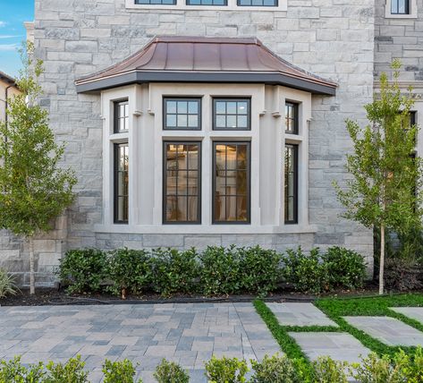 Metal Roof Over Bay Window, Large Front Window Exterior, Bay Window With Copper Roof, Bay Window Roofs, Copper Roof Over Bay Window, Bay Window Copper Roof, Exterior Bay Window Trim Ideas, Bay Window Exterior Ideas Curb Appeal, Stone Bay Window Exterior