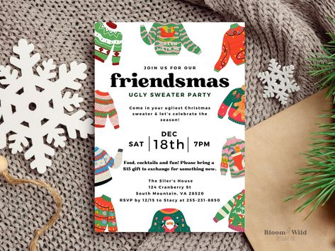 Ugly Christmas Sweater Invitations, Ugly Sweater Invitations, Friendsmas Party, Cocktail Party Invitation, Christmas Sweater Party, Ugly Christmas Sweater Party, Ugly Sweater Party, Editable Invitations, Ugly Sweater