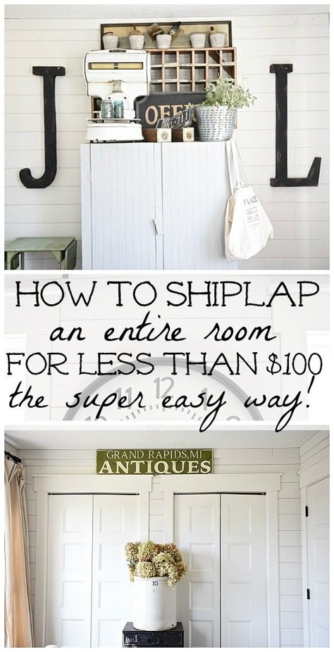 DIY shiplap walls - How to shiplap an entire room for LESS THAN $100. A full tutorial on how to shiplap the easy way & the cheapest way for a huge impact. A must pin for future shiplap projects! Cheap Shiplap, Installing Shiplap, Shiplap Wall Diy, Ship Lap, Diy Shiplap, Up House, Joanna Gaines, Ship Lap Walls, Easy Home Decor