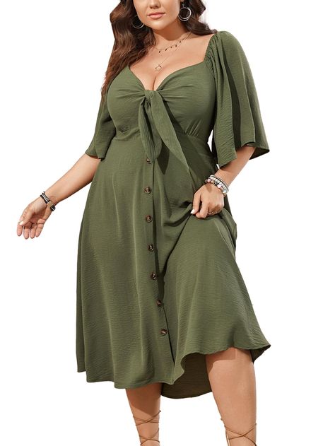 PRICES MAY VARY. Material: This Plus size dress is made in lightweight and skin-touch, soft and flowy texture fabric. It's a great choice to be one of your summer dress collection Design: Plus size dresses for curvy women is in tie front deep v neck design, it's good to shape your figure and show a deep v-neckline, the ruffle 3/4 sleeve is perfect to embellish your arm, back smocked is comfortable to fit your curves, and the button decorates this flowy dress in more fashion Feature: Plus size dr 1970's Plus Size Fashion, Plus Size Wedding Guest Dresses Casual, Plus Size Wedding Guest Fall, Size 16 Dresses For Women, Tea Party Plus Size Outfit, Fupa Dress, Plus Size Cruise Formal Night Outfit, Mid Size Dresses For Women, Yacht Party Outfit Plus Size