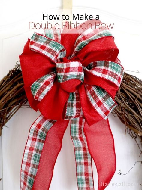 How To Make A Double Ribbon Bow For A Wreath - Liz on Call How To Make Large Wreath Bows, How To Make A Bow With Ribbon Easy Diy, Double Ribbon Bow, Making Bows For Wreaths, Ribbon Tutorial, Bow Making Tutorials, Bow Craft, Christmas Bows Diy, Wreath Bows