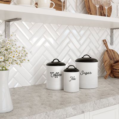 Decorative Nesting Kitchen Canister Set, Black/White, by Barnyard Designs: Add a touch of rustic, country decor to your kitchen with these elegant and inviting, food safe, black white metal storage canisters. These black white canisters for the kitchen counter in true farmhouse style will add both character and functionality to your house. These beautiful and inviting metal nesting canisters will evoke the country farm feel into your kitchen. Add style and functionality with these rustic farmhou Rustic Farmhouse Decor Kitchen, Canister Sets For Kitchen, Kitchen Canister Labels, 3 Piece Kitchen Canister Set, Farmhouse Kitchen Canisters, Kitchen Pantry Ideas, Vintage Kitchen Canisters, Vintage Canister Sets, Kitchen Storage Canisters