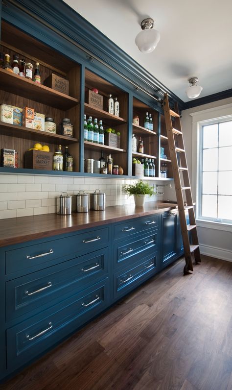 Pantry Cabinet Pantry with Navy Blue and Walnut Countertop Walnut Shelves and a custom Walnut ladder to reach the upper cabinets Pantry Navy Blue Pantry Pantry Pantry Cabinets #Pantry #PantryCabinet #navybluecabinet #WalnutCountertop #WalnutShelves #Walnutladder #walnutladder #cabinetladder House Pantry, Navy Blue Kitchen, Pantry Room, Kabinet Dapur, Kitchen Pantry Design, Blue Cabinets, Bilik Tidur, Blue Kitchen, Pantry Design