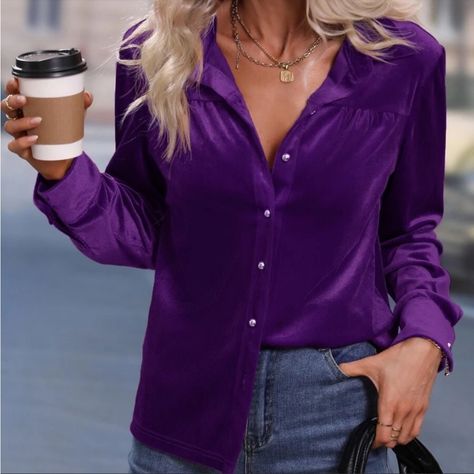 Purple Velvet Button Down Oversized Shirt Top S M L Xl, Polyester Blend, Ships In 7-8 Days Purple Satin Shirt Outfit, Purple Shirt Outfits, Purple Top Outfit, Button Down Oversized Shirt, Satin Shirts, Preppy Prom, Trendy Business Casual, Coachella Dress, Business Formal Dress