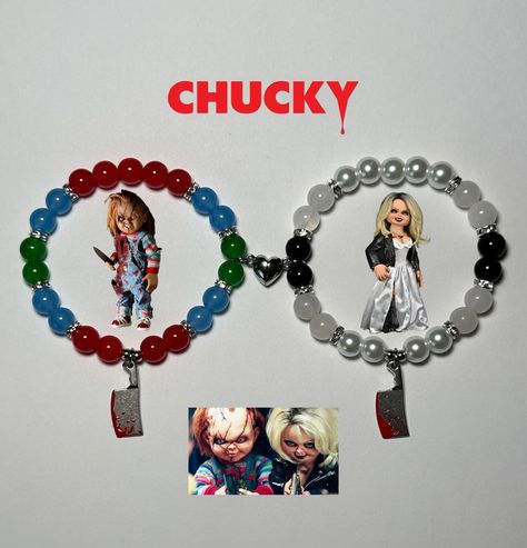 CHUCKY x TIFFANY 🩸💍🔪 Available tonight at 6 PM Eastern standard time! • • • • • • • • #bracelets #chucky #charlesray #braceletoftheday #jewelry #tiffanyandchucky #explore #instagood #explorepage+ #viral #scarymovie #scarymovies #horrormovies #horror #tiffanyvalentine #couplebracelet #monster #villians #chuckydoll #brideofchucky #horrorcosplay #matching #friendshipbracelets #originaldesign #beads #jennifertilly #movies #chuckyseries #scarycore #horrormovie Horror Bracelet Ideas, Chucky X Tiffany, Scream Bracelet, Character Bracelets, Tiffany Chucky, Chucky Doll, Bff Bracelets, Bride Of Chucky, Tiffany Bracelets