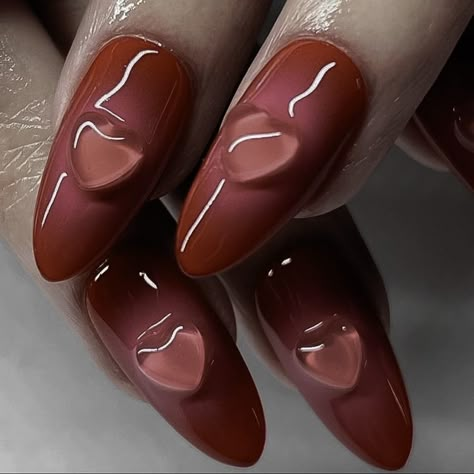 Dark Academia Nail Designs, Gelly Nail Korean, Kawaii Fall Nails, Jelly Brown Nails, Jelly Acrylics, Cherry Brown Nails, Asian Nails Korea, Red Korean Nails, Korean Nails Art