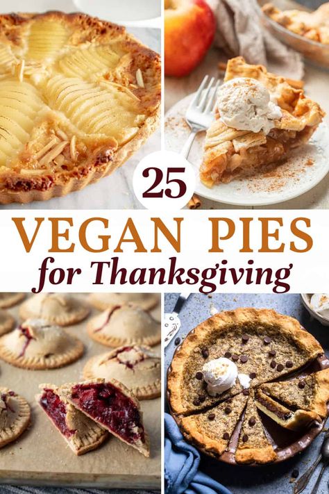 The best vegan pie recipes to serve at Thanksgiving and Christmas! From pumpkin and apple to chocolate and banana cream, all of the amazing flavors you need are here in this list. With many gluten-free options. Find your new favorite vegan pie recipe plus tips for serving and the best pie crusts and whipped topping options! Pie Recipes Vegetarian, Vegan Thanksgiving Dinner Ideas, Vegan Thanksgiving Pie Recipes, Whole Food Plant Based Thanksgiving, Vegan Mini Pumpkin Pies, Vegan Pie Recipes Desserts, Easy Vegan Pie Recipes, Vegan Sweet Potato Pie Recipes, Vegan Thanksgiving Dessert Recipes