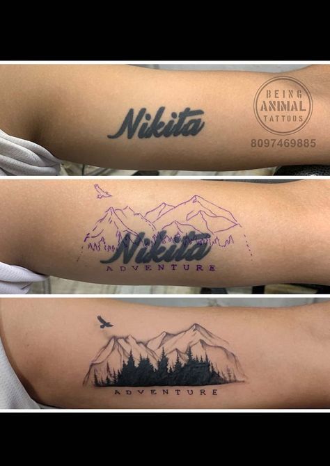 name coverup mountain tattoo by being animal Cover Up Name Tattoos, Cover Up Tattoos For Men Arm, Hand Tattoo Cover Up, Moutain Tattoos, Arm Cover Up Tattoos, Forearm Cover Up Tattoos, Cover Up Tattoos For Men, Tatuaje Cover Up, Cover Up Tattoos For Women