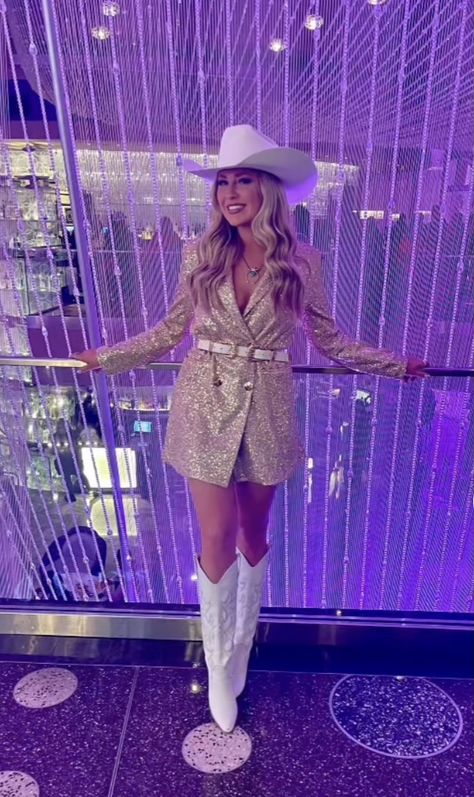 Glittery Cowboy Boots Outfit, White Disco Cowgirl Outfit, Nfr Bachelorette, Las Vegas Cowgirl Outfit, Glam Cowgirl Outfit Party, Nfr Fashion 2022 Vegas, Western Glitz Outfit, Country Disco Outfit, Glitzy Cowgirl Outfit