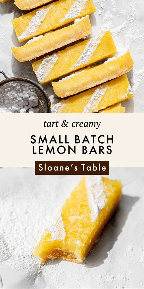 These small batch lemon bars consist of a melt-in-your-mouth almond shortbread crust below a creamy, tart lemon filling, all topped off with a simple dusting of powdered sugar. With just a couple bowls and a whisk, you can make this easy springtime dessert in less than an hour. Half Batch Cookies, Small Batch Lemon Bars, Small Batch Desserts, Batch Baking, Almond Desserts, Small Batch Cookies, Almond Shortbread, Spring Time Desserts, Batch Recipes