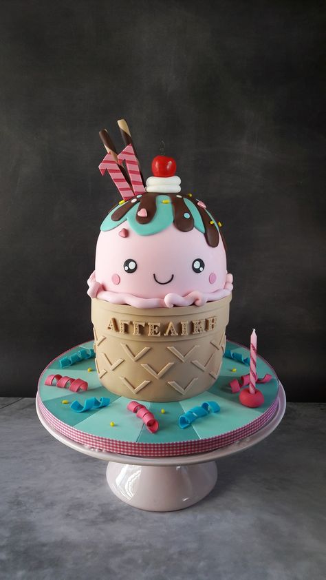 Cake For Ice Cream Theme, Ice Cream Cake Designs Birthday Parties, Cake That Looks Like Ice Cream, Ice Cream Fondant Cake, Ice Cream Shape Cake, Ice Cream Cone Shaped Cake, Ice Cream Shaped Cake, 3d Birthday Cakes, Ice Cream Decorated Cake