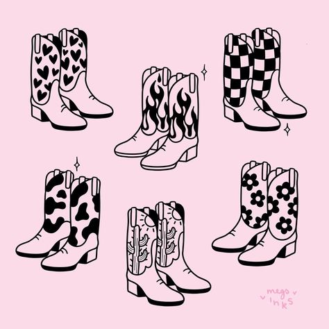 Doodles Procreate, Cowboy Boots Drawing, Flame Boots, Cowboy Boot Tattoo, Cute Cowboy Boots, Cowboy Tattoos, Flower Boots, Dibujos Tattoo, Western Tattoos