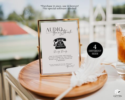 Wedding Audio Guestbook Sign, Leave Me A Message Sign Template 🥳 Hello there! Welcome to my shop! ❤️ Welcome! We're excited to introduce our new "Audio Guestbook" table sign, perfect for adding a unique and interactive touch to your wedding or engagement event. These stylish signs are fully editable on Canva, allowing you to personalize them to fit your unique theme and style. Encourage your guests to leave heartfelt messages that you can cherish forever with this fun and memorable addition. Pu Guestbook Signs, Messages Bonjour, Wedding Polaroid, Audio Guest Book, Engagement Events, Guest Book Table, Digital Signs, Wedding Guest Book Sign, Polaroid Camera