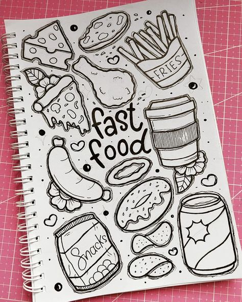 Doodle Art Of Food, Food Drawing Sketches Doodles, Food Design Drawing, Foods Drawing Easy, Fast Food Doodles, Cute Stickers Ideas Drawing, How To Draw Cute Food, Cute Doodles Food, Drawing Food Ideas