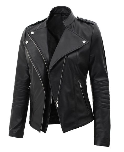 Elevate your casual style with the unconventionally chic fitted leather jacket featuring high-quality real leather construction, contrasting silver-tone hardware, asymmetrical zip closure, shoulder epaulets, and quilted decorations on the sleeves. The jacket also attributes two side zipper pockets and one inside pocket to carry your essentials. Material: 100% Real Lambskin Leather Internal: Viscose Lining Front: Asymmetrical Zip Closure, Upright Collar Details: Shoulder Epaulette, Metal Studs Po Quilted Decorations, Jaket Motor, Cafe Racer Leather Jacket, Leather Jackets Online, Bike Jacket, Womens Black Leather Jacket, Leather Store, Womens Biker Jacket, Lambskin Leather Jacket