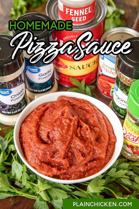 Homemade Pizza Sauce - ditch the jarred stuff and make your own. Super simple to make and tastes GREAT! Tomato sauce, tomato paste, Italian seasoning, oregano, fennel seed, onion powder, garlic powder, and salt. Ready to use in minutes. Can freeze the extra sauce for a quick meal later. #pizza #pizzasauce #glutenfree Yogurt Pizza Dough, Thick Crust Pizza, Pizza Lasagna, Homemade Pizza Crust, Pizza Sauce Recipe, Easy Homemade Pizza, Pizza And Beer, Pizza Sauce Homemade, Making Homemade Pizza