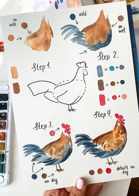 Chicken Drawing Watercolor, Easy Watercolor Chicken, Chicken Watercolour Painting, Watercolor Illustration Animals, Watercolor Art Chicken, Watercolor Rooster Tutorial, Watercolor Art Ideas Animals, Things To Watercolor For Beginners, How To Get Better At Watercolor