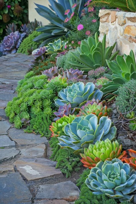 Landscape Succulents Front Yard, Succulent Flower Bed Front Yards, Outdoor Succulent Garden Landscaping, Front Yard Landscaping Succulents, Succulent Landscape Design Front Yards, Desert Yard Landscaping, California Landscaping Front Yard, Succulent Rock Garden Landscaping, Succulent Front Yard Landscaping