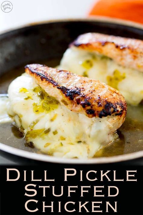 Dill Pickle Stuffed Chicken | Juicy chicken, golden brown on top stuffed full of oozing melted provolone and tangy sweet dill pickle. This simple chicken dinner is a must for all pickle lovers. Recipe by Sprinkles and Sprouts | Delicious Food for Easy Entertaining #chicken #pickles #dillpickle #cheese #stuffedchicken #dinner Stuffed Chicken Breasts, Nice Food, Simple Chicken, Winner Winner Chicken Dinner, Stuffed Chicken, Chicken Dishes Recipes, Pickling Recipes, Dill Pickle, Juicy Chicken