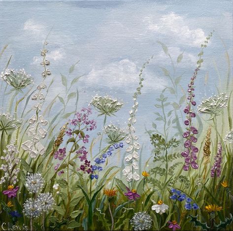 Hand Painted Wild Flowers, Wildflowers Painting Acrylic, Oil Painting Wildflowers, Forest Flowers Painting, Abstract Meadow Painting, Meadow Flowers Painting, Meadow Watercolor Painting, Floral Window Painting, Painting Wildflowers Acrylic