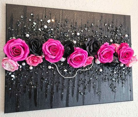 Pink Roses, Pink Wall Art, Pink Glam, Glitter Wall Art, Abstract Art, Floral Abstract, 3D Art, Pretty Wall Decor, Flowers, Rose Art, Glam Art, Fashion Art This is a beautiful glamourous painting made with galleria acrylics, beautiful vibrant faux roses, beautiful large faux pearls and reflective black glass with a glam glitter finish. This is so pretty unique and comes signed and ready to hang.  ** This ships for FREE!! ** This ships with FULL Insurance!! ** This comes in multiple sizes in the d Diy Glitter Wall Art, Rose Glass Painting, Pink And Black Apartment Decor, Black And Pink Bedroom Decor, Black And Pink Living Room, Creative Canvas Ideas, Black And Pink Room Ideas, Glam Artwork, Pink And Black Bedroom Ideas