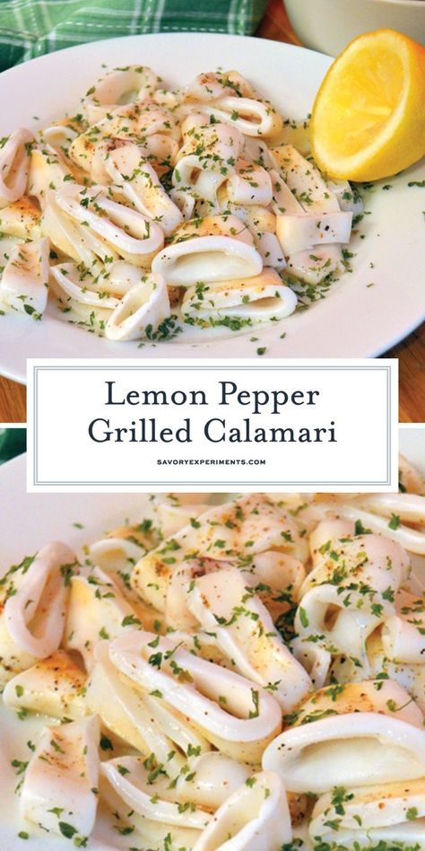 Grilled Calamari, Calamari Recipes, Squid Recipes, Seafood Recipe, Seafood Appetizers, Pescatarian Recipes, Seafood Dinner, Lemon Pepper, Calamari