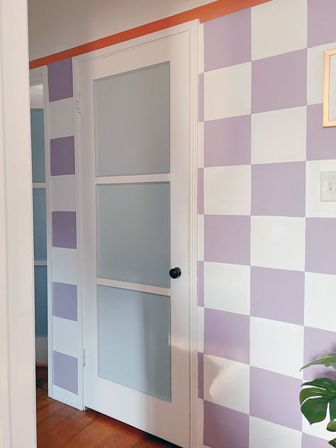 Cute Wall Designs Paint Bedrooms, Walls Ideas Painting, Different Wall Painting Ideas, Cool Room Wall Ideas Paint, Purple Mural Bedroom, Checker Accent Wall, Checkered Bedroom Wall, Small Room Wall Painting Ideas, Cute Painted Walls