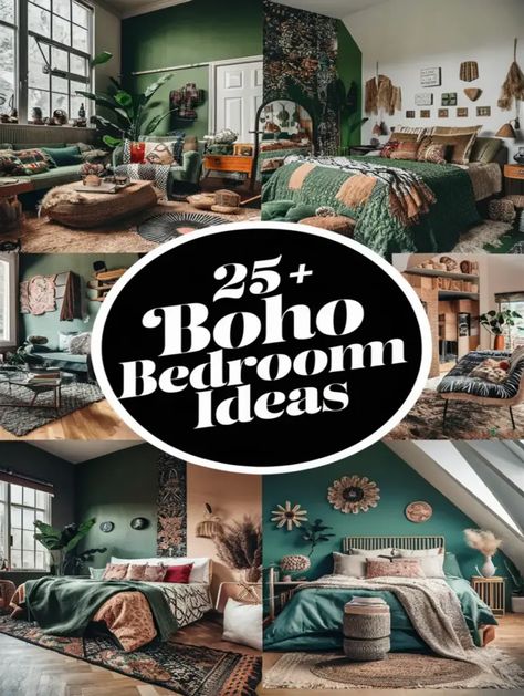 Emerald Green Bedding Boho, Boho Decor For Bedroom, Green Wall Boho Bedroom, Boho Bedroom Dark Furniture, Bedroom Decor Ideas For Women Boho, Dreamy Boho Bedroom, Boho Cottagecore Bedroom, Boho Plant Bedroom, Dark Green Boho Bedroom