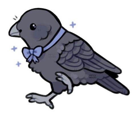 Raven Cute Art, Spicy Mochi Art, Bird Drawings Cute, Cute Raven Art, Cute Raven Drawing, Bird Cute Drawing, Bird Drawing Cute, Cute Birds Drawing, Chibi Crow