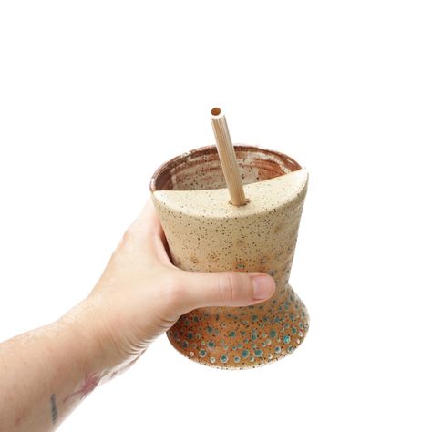 Indigo blue crater pitted texture handmade ceramic travel tumbler mug with straw top, reusable bamboo straw optional. Perfect for iced coffee, iced tea, limeade, aguas frescas, milkshakes, or anything else you like drinking from a straw. Hand glazed speckled stoneware wheel thrown thumb cup. Small batch studio pottery handmade in Texas. Made with love and plastic free.  Approximately 3" at base, 5-6" tall. This version may not fit into cup holders. 14-16oz. Size, shape and glaze patterns vary sl Thumb Cup, Summer Iced Coffee, Glaze Patterns, Iced Coffee Tumbler, Clean Water Bottles, Spilt Milk, Mug With Straw, Summer Cups, Milk Brands