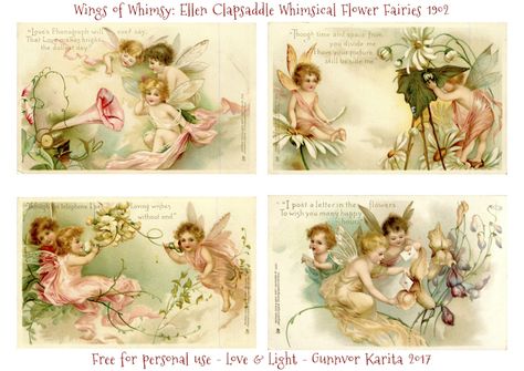 Wings of Whimsy: Ellen Clapsaddle - Whimsical Flower Fairies 1902 #vintage #valentine #ephemera #freebie #valentine #cherubs #fairies Decoupage Printables, Etiquette Vintage, Pretty Printables, Vintage Angel, Vintage Fairies, Decoupage Vintage, Flower Fairies, Vintage Collage, Decoupage Paper