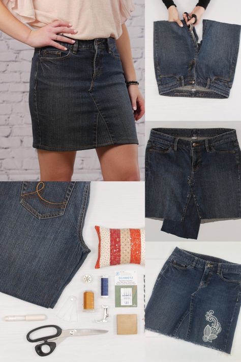 How To Make A Jean Skirt Out Of Jeans Diy, How To Turn Denim Jeans Into A Skirt, Turn Jeans To Skirt, Denim Shorts Into Skirt Diy, Jean Skirt Out Of Old Jeans, How To Turn A Pair Of Jeans Into A Skirt, Diy Denim Skirt From Jeans How To Make, Free Denim Skirt Pattern, Skirt From Jeans Tutorial