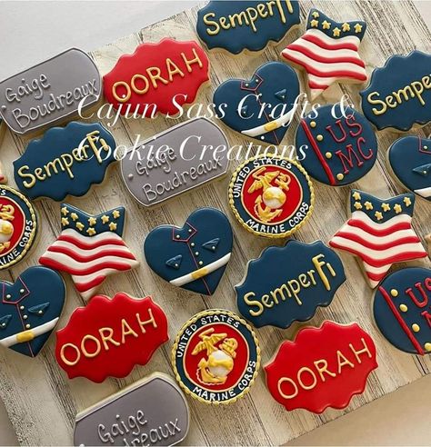 Marine Enlistment Party, Marine Corps Cupcakes, Marines Farewell Party Ideas, Army Retirement Cookies, Marine Retirement Party, Marine Cookies, Marine Corps Cake, Army Promotion, Marine Retirement