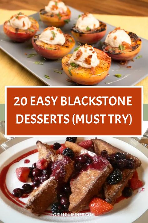 Indulge in the rich and creamy flavor of Blackstone griddle Desserts. Tasty and easy desserts you can cook on your flat top grill. I have shared outdoor griddle dessert recipes for grilled peaches, pineapple, french toast, pan cakes and cakes. Griddle Cooking Recipes, Outdoor Cooking Recipes, Smoked Food Recipes, Flat Top Griddle, Griddle Grill Desserts On Black Stone Griddle, Flat Top Grill Desserts, Easy Blackstone Griddle Recipes Dessert, Blackstone Dessert Ideas, Dessert On The Blackstone, Blackstone Griddle Desserts, Griddle Dessert Recipes, Griddle Desserts, Blackstone Desserts