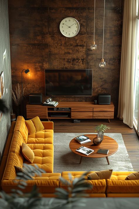 home decor, midcentury modern living room, moody living rooms, midcentury modern home decor, retro living room Dark Wood Mid Century Modern, Moody Natural Interior, 70s Living Room Ideas, Mid Century Living Room Design, Small Midcentury Modern Living Room, Mid Centric Modern Decor, Mid Century Tv Room, Mid Century Modern Home Design, Mid Century Modern Tv Room