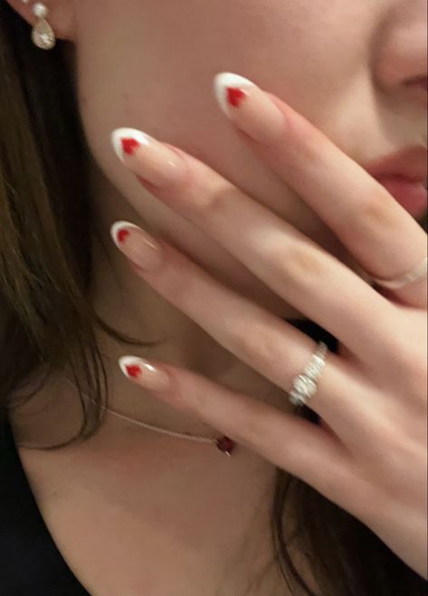 valentines day inspo, french tip almond acrylics with red hearts <3 French Tip With Hearts, French Tip Heart Nails, French Tip With Heart, French Tip Heart, French Tip Almond, Almond Nails Red, Vday Nails, French Pedicure, Short Almond Nails