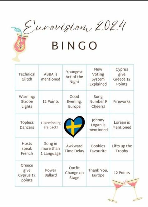 Eurovision 2024 Bingo Eurovision Bingo, Eurovision Party Games, Modern Family Funny, Eurovision Party, Free Printable Bingo Cards, Free Bingo Cards, Bingo Template, Bingo Cards Printable, Bingo Card