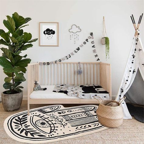 PRICES MAY VARY. Soft Fabric & Easy Care: The black and cream printed rug is made from 100% polyester and is 0.4" thick for skin-friendly comfort. Protect your child from playing in the playroom or classroom. These area rugs are fairly durable and soft, and cleaning is recommended. Personalized Palmistry Design: The hand shape of this bedroom rug is very decorative and unique. The 3x5 rug can show off you unique character. Rich tribal designs bring old world charm to your home.Not only is this f Black Boho Nursery, Black And White Toddler Room, Boho Nursery Boy, Baby Nursery Rug, Kids Bedroom Rug, Kids Bath Rug, Monochrome Nursery Decor, Toddler Twins, Baby Nursery Rugs