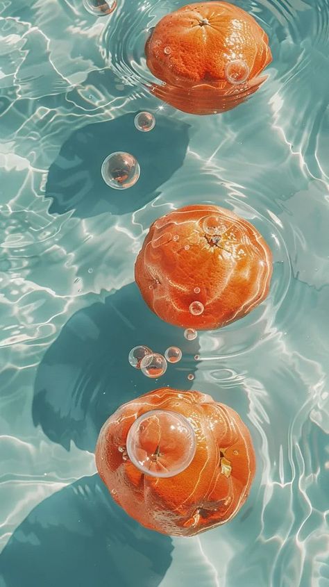 Three oranges are floating in a blue swimming pool. The oranges are all different sizes and are arranged in a vertical line ->> more details in ai-img-gen.com Orange And Blue Photography, Blue Fruit Aesthetic, Fruit In Water Aesthetic, Oranges In Water, Fresh Fruit Aesthetic, Fruits In Water, Fruit In Water, Tropical Fruit Photography, Fruits Aesthetic