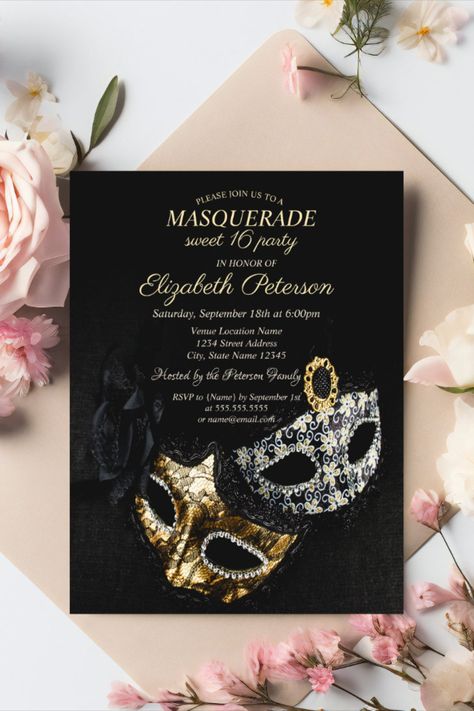 Elegant Black Masquerade, Masque Sweet 16 Invitation Postcard Elegant masque on black background #sweetsixteen #sixteenbirthday #elegant #birthday #happybirthday #birthdaycards #birthdayparty Mascarade Sweet 16, Masquerade Birthday Party, Mascarade Party, Masquerade Invitations, Masquerade Party Invitations, Black Masquerade, Debut Invitation, Masquerade Theme, Birthday Inspiration