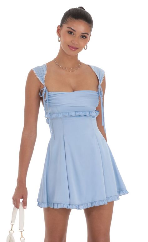 Satin Cap Sleeve Dress in Blue | LUCY IN THE SKY Light Blue Hoco Dress, Blue Hoco Dress, Cute Hoco Dresses, Light Blue Mini Dress, Cute Homecoming Dresses, Leggings Shorts, Cap Sleeve Dress, Casual Day Dresses, Semi Formal Dresses