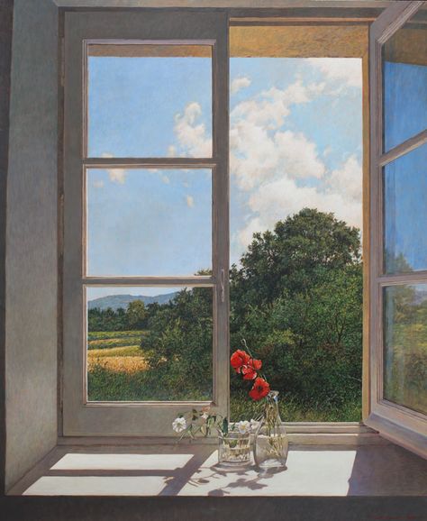 View Through A Window Art, Landscape Through Window, Art Window Painting, Windows Art Drawing, Painting View Nature, View Through Window Painting, Drawing Window View, Window Flower Painting, By The Window Aesthetic