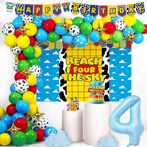 PRICES MAY VARY. 4TH CARTOON BIRTHDAY – Is this animation your favorite? Then you must celebrate with this fun and unique theme and it will be the perfect way to commemorate your 4th birthday. The items and vibrant color scheme create a cartoon scenario. Hey howdy hey, we’re celebrating the big day! Come on! REACH FOUR THE SKY BIRTHDAY DECORATIONS INCLUDES - 80 x 12’’ latex balloons | 40 x 5’’ latex balloons | 1 x 40’’ number ‘4’ foil balloon | 8 x sparkle foil balloons | 1 x ‘HAPPY BIRTHDAY 3’ Happy 4 Birthday Boys Year Old Theme, Four Birthday Party Ideas Boy, Reach Four The Sky Birthday, 4th Birthday Party For Boys Theme, Boy 4th Birthday, Backdrop Balloon, Cartoon Birthday, Birthday 4, Blue Cartoon