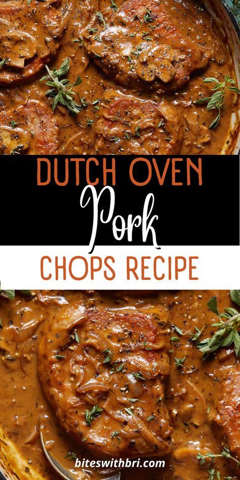 Dutch Oven Pork Chops Recipe is incredible with this delicious gravy. This heavy cream and flour help thicken the sauce making it super rich and creamy that coats the meat, mushrooms, and onions. This type of pan helps develop a nice crust on the pork. The garlic, shallot, herbs, and vinegar infuse the sauce with so much flavor. This dish is loaded with mushrooms and onions. The chops are seared and the veggies/sauce are all cooked in one pan. This makes for a quick cleanup. Dutch Oven Pork Chops, Dutch Oven Pork, Easy Dutch Oven Recipes, Dutch Oven Recipes Cast Iron, Oven Pork Chops, Mushroom Pork Chops, Mushrooms And Onions, Smothered Pork Chops, Dutch Oven Cooking