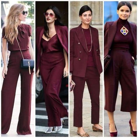 Monochromatic Outfit Burgundy, Burgundy Office Outfit, Burgundy Pants Outfit Work, Deep Winter Color Palette Outfits, Deep Winter Outfits, Outfit Pantalon Vino, Burgundy Outfit Ideas, Burgundy Dress Outfit, Deep Winter Palette Outfits