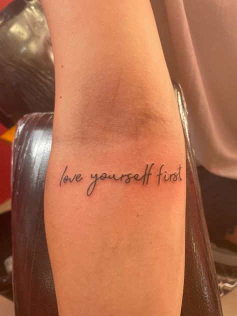 Love Yourself First Tattoo, Upper Back Tattoos, Back Tattoos, Love Yourself First, First Tattoo, Love Yourself, Tattoo Quotes, Tattoo Ideas, Tattoos